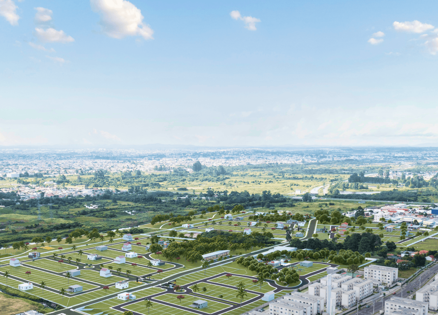 Vista panorâmica do empreendimento La Bella Toscana com uma paisagem aberta